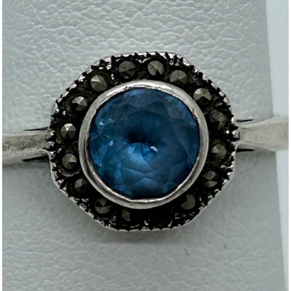 Vintage Sterling Silver Ring Blue Stone Marcasite Art Deco Revival1980s Size 7 - Picture 11 of 12